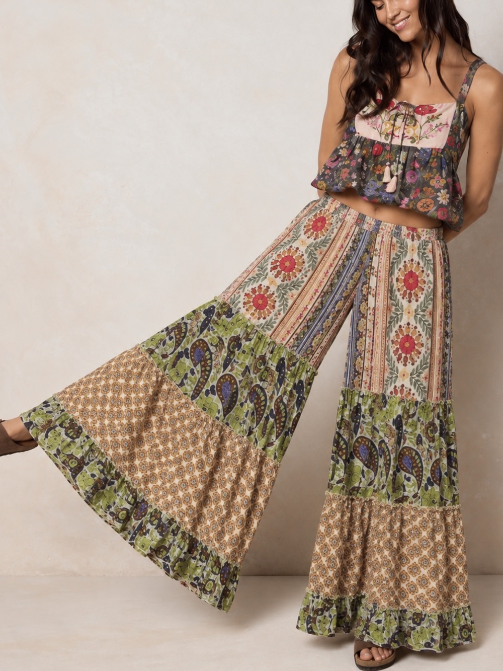New POL Boho Hippie Colorful Print Patchwork Wide Leg Palazzo Pull On Pants